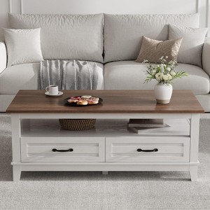 Farmhouse Coffee Table with Drawers, 47.2" Center Table Rustic Coffee Tables, Living Room Table with Open Shelf and 6 Support Legs - 1 of 4