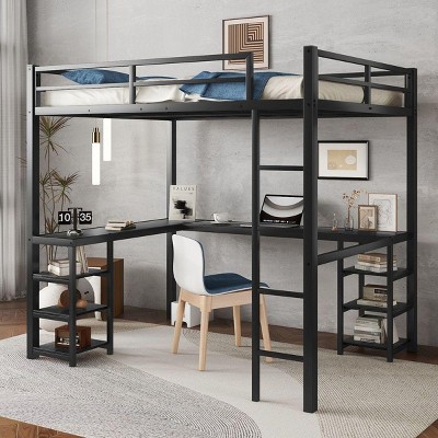 Streamdale Full Metal Loft Bed with Desk, Ladder, Shelves, and Guardrails