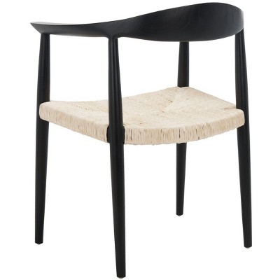 Elegant Mid-Century Black Wood & Natural Rattan Accent Chair