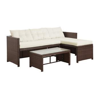 Teamson Home Outdoor 3-Piece Rattan Patio Set with Loveseat, Chaise Lounge, Table, Brown/White