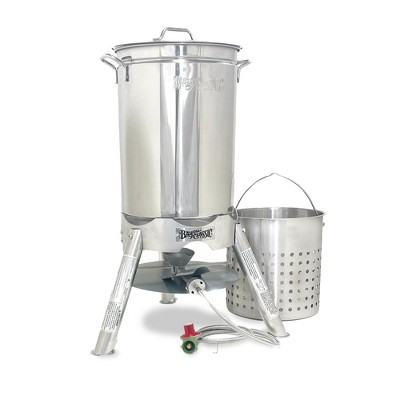Bayou Classic Stainless Steel Boiler Cooker Kit Features 44-qt Stainless Boiler with Lid, Steam/Boil Basket, 4-in Cast Aluminum 58,000 BTU Burner
