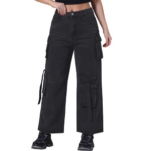 INSPIRE CHIC Women's Straight Wide Leg High Waist Baggy Cargo Denim Pants with Pockets - 1 of 4