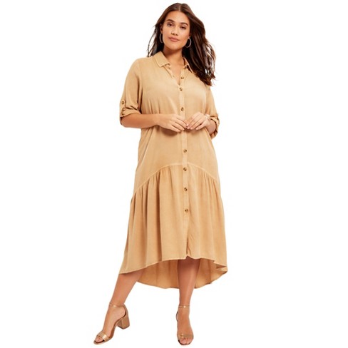 June + Vie by Roaman's Women's Plus Size Ruffled Shirt Dress, 18/20 - Soft  Camel