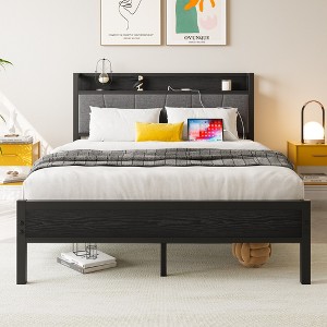 GDFStudio Lyra Modern Metal and Wooden Platform Bed Frame with Storage Headboard and Charging Station - 1 of 4
