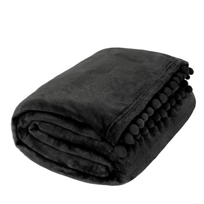 Black Fleece Pom Pom Fringe Throw Blanket