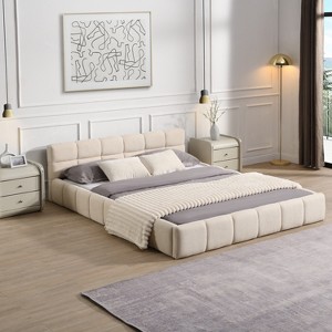 Queen Size Platform Bed Chenille Upholstered Bed with Checkerboard Headboard -- Frevyn - 1 of 4