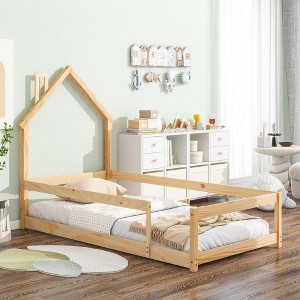 CAVINAS Twin Size Bed Frame with House-Style Headboard & Fences,Modern Floor Bed for Kids Room,Bedroom - 1 of 4