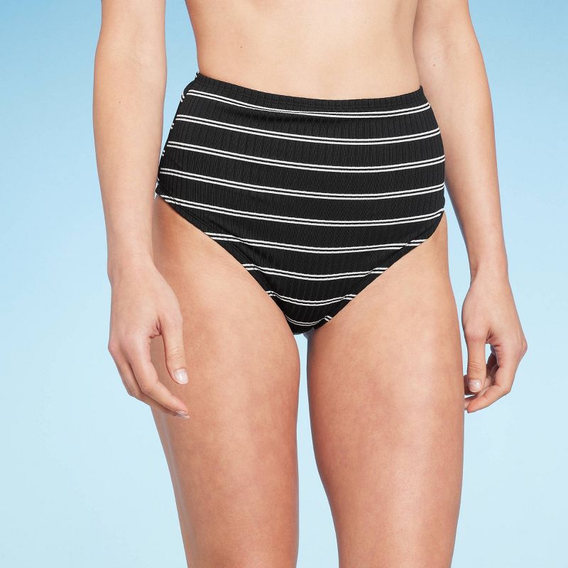 Women's Ribbed High Waist Bikini Bottom - Shade & Shore™ Black Striped, 1 of 7