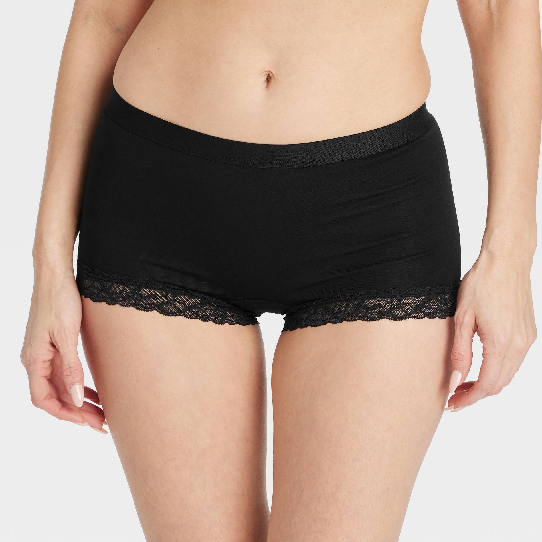 Women's Cotton Blend Boy Shorts Underwear with Lace - Auden™ Black M