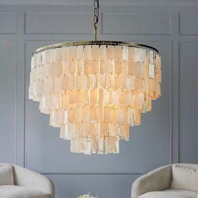 ALOADECOR Lampadario A Sospensione In Conchiglie Capiz, 3 Luci, Stile Costiero, Diametro 45 Cm, Altezza Regolabile, Colore Oro Antico