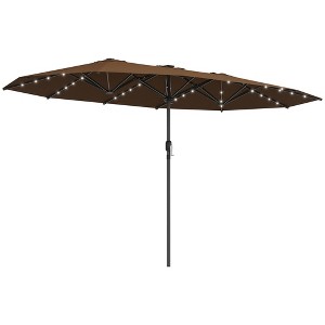 Outsunny Double-Sided Sun Umbrella, Outdoor Garden Parasol, Patio Sun Shade with LED Solar Light, Coffee - 1 of 4