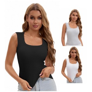 INSPIRE CHIC Women's 3 Packs U-Neck Tank with Built-In Bras Ribbed Wide Straps Undershirt - 1 of 4