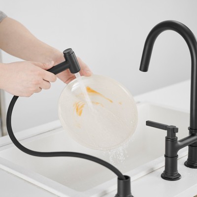 Modern Black Double Handle Bridge Kitchen Faucet with Side Sprayer