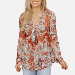 Amaryllis Women's Boho Floral Print V-Neck Blouse with Tie Detail Flowy Bell Sleeves Lightweight Elegant - 1 of 4