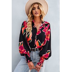 V For City Women's Chic Casual Floral Print Button-Front Shirts Bishop Sleeves Blouse Tops - 1 of 4