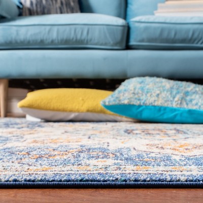 Blue and Light Blue Round Synthetic Non-slip Area Rug