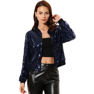 INSPIRE CHIC Women's Party Sequin Sparkle Long Sleeve Cropped Length Zipper Bomber Jacket