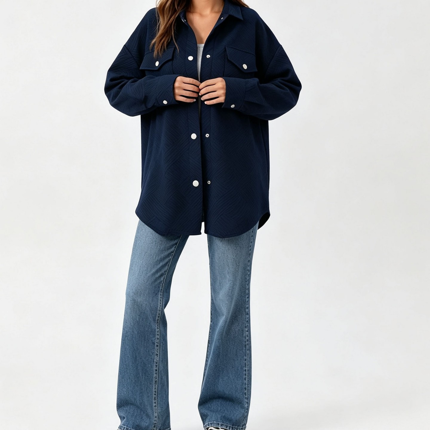Женская куртка YesFashion Textured Button Down Shacket, Long Sleeve Lapel Casual Jacket with Chest Pocket, Loose Fit Outerwear for Daily Commute Navy blue, цвет: Тёмно-синий — фото 2