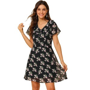 Allegra K Women's Ruffle Neck Short Sleeve A-Line Flowy Chiffon Floral Dress - 1 of 4