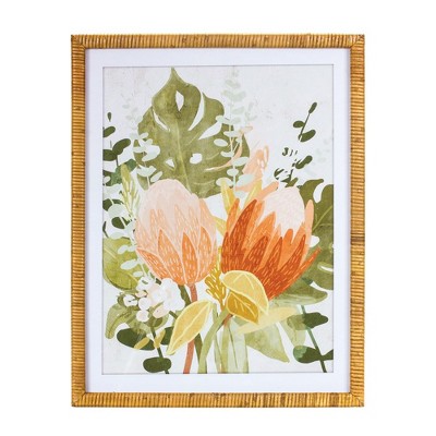 Melrose Tropical Orange and Green Floral Wall Art Set with Fir Wood Frame