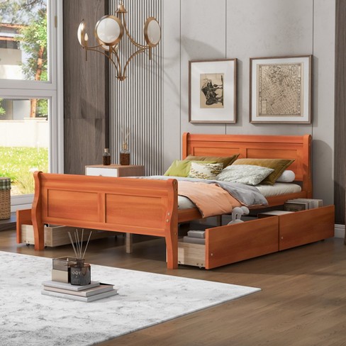 Full Size Wood Platform Bed With 4 Drawers, Streamlined Headboard And ...