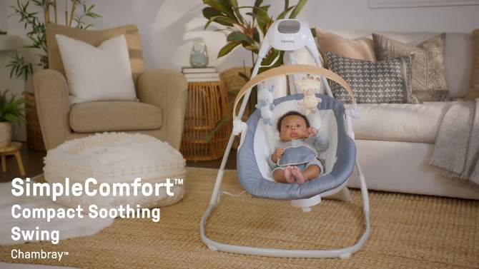 Ingenuity Simple Comfort Compact Swing with Wood Toy Bar - Chambray, 2 of 18, play video