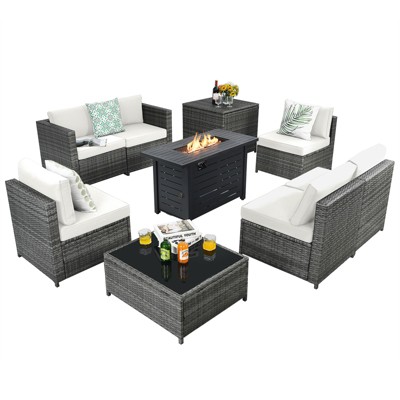 Tangkula 9 PCS Rattan Dinning Set Wicker Sofa w/Propane Gas Fire Pit 60,000 Btu Heater