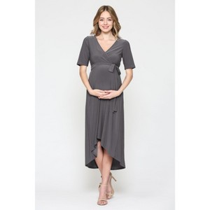 Hello Miz Women's Hi-Low Short Sleeve V Neck Maternity Wrap Dress with Belt - 1 of 4