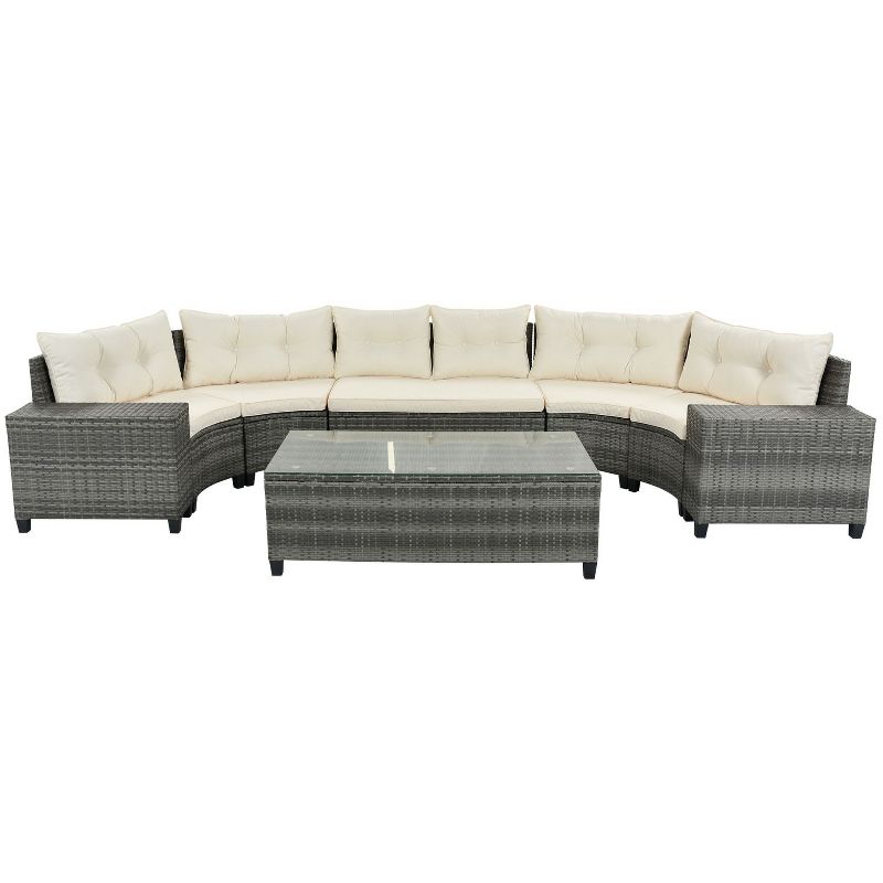 Yami 8-pieces Outdoor PE Wicker Round Half-Moon Sectional Patio Conversation Set With Rectangular Coffee Table - Maison Boucle, 3 of 10