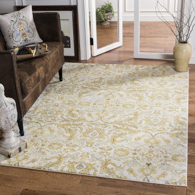 Ivory and Gold High Pile Floral Synthetic Area Rug