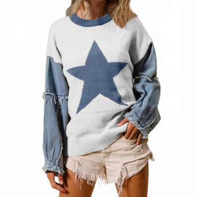 Women's Full Size Star Pattern Raw Edge Long Sleeve Sweater - Double Take