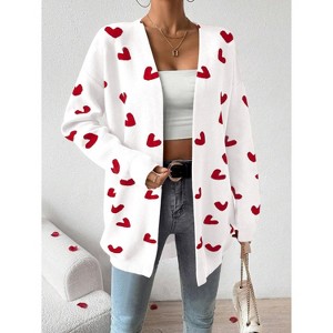 Heart Cardigan Sweater for Women Oversized Valentine Cardigan Cute Love Print Open Front Knit Sweaters Coat with Pockets - 1 of 4