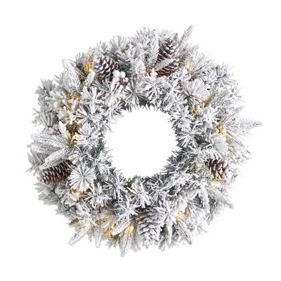 Nearly Natural 20” Flocked Artificial Christmas Wreath with 35 Warm White LED Lights