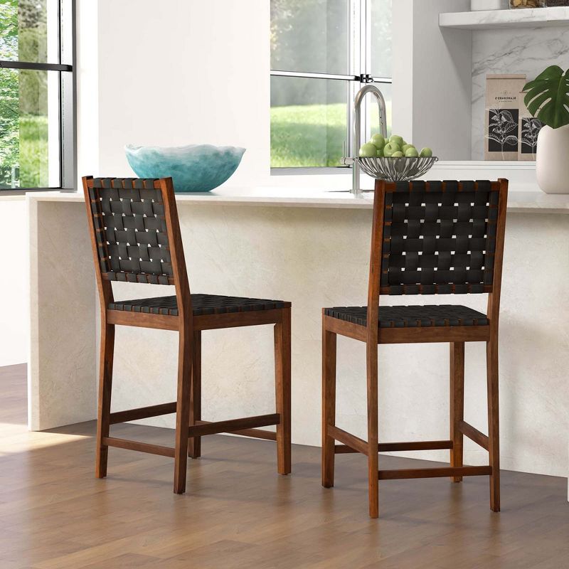 Costway Woven Bar Stools Set of 2 Counter Height Dining Chairs Faux PU Leather Kitchen, 4 of 9
