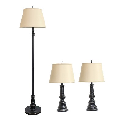 3pc Homely Oxford Classic Lamp Set - Bronze Metal, Tan Fabric Shades, Table & Floor Lamps - Lalia Home: Cotton Empire Shades, UL Listed