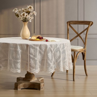 HLC.ME Isabella Floral Patterned Scalloped Tablecloth, Wrinkle Resistant, Lace Fabric Table Cloth for Round Tables