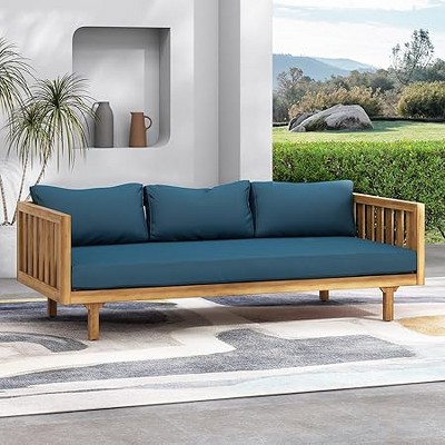 Outdoor Acacia Wood Daybed, 3 Seater Day Bed Couch Sofa with Water Resistant Cushions for Patio Backyard, Garden Furniture,