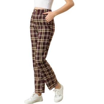Allegra K Women's Plaid Elastic Waist Casual Work Office Long Trousers Red  Brown Small : Target