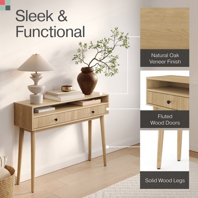 Natural Oak Fluted Console Table with Black Knobs