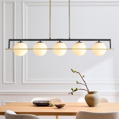 Rennnsan Caenelle 43"W 5-Light Linear Milk Glass Modern Dimmable Kitchen Island Pendant in Black
