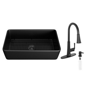 CASAINC 33'' Rectangular Single Bowl Fireclay Farmhouse Apron Kitchen Sink with Pullout Faucet, White - 1 of 4