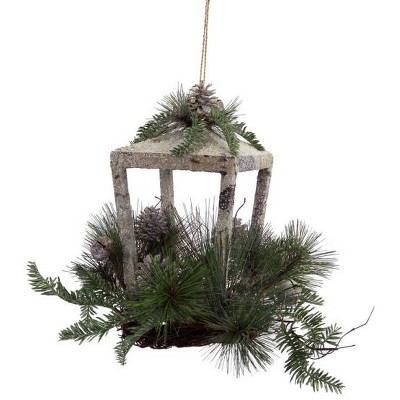 Melrose 12" Glittered Christmas Candle Lantern with Foliage, Pine Cones and Jingle Bells - White/Brown