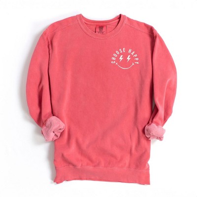 Simply Sage Market Women's  Garment Dyed Graphic Sweatshirt Embroidered Choose Happy Lightning Smiley Face