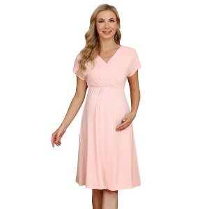 Clearlove 2025 Summer Maternity Nursing Dress Baby Shower Short Sleeves A-line Midi Pregnancy Dress - 1 of 4