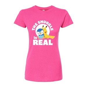 Women's - Pokémon - The Snuggle Is Real Pikachu And Piplup Fitted Graphic T-Shirt - 1 of 3