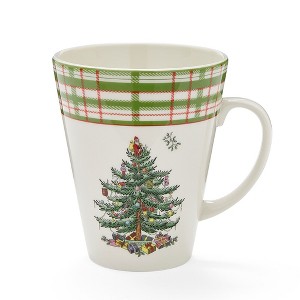 Spode Christmas Tree Mug, 14oz - Porcelain Holiday Mug with Tartan Border & Handle, Dishwasher & Microwave Safe - Ceramic Festive Cups - 1 of 4