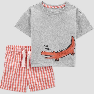 Image of Carter's Just One You® Baby Boys' Gingham Short Sleeve Top & Bottom Set - Gray/Orange 9M