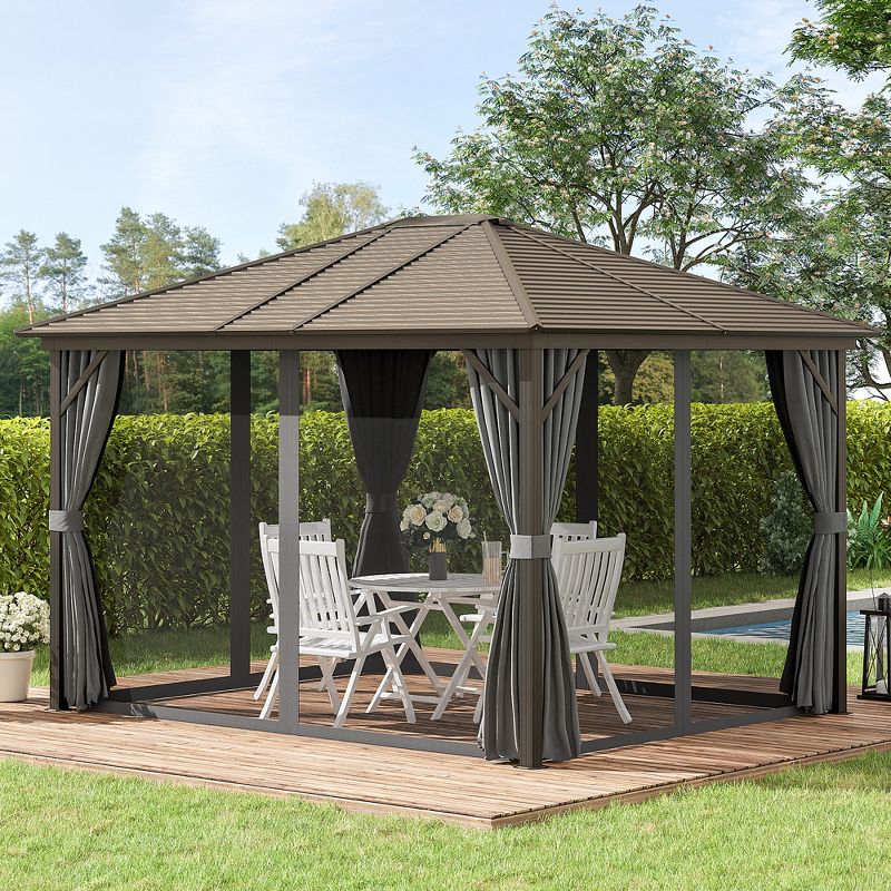 Outsunny 10' x12' Hardtop Gazebo with Aluminum Frame, Permanent Metal Roof Gazebo Canopy with 2 Hooks, Curtains and Netting for Garden, 3 of 8