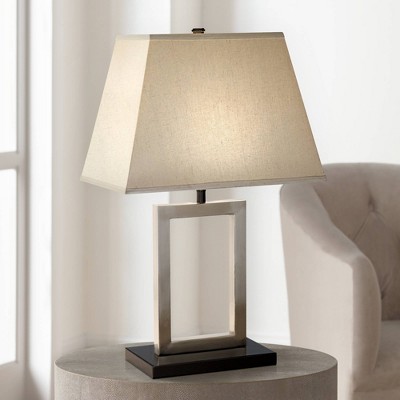 Modern Brushed Nickel Geometric Table Lamp with Beige Fabric Shade