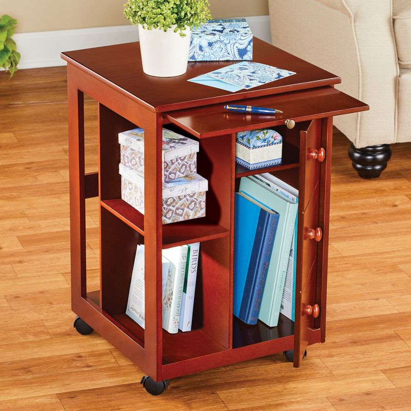 Collections Etc Rich Cherry Finish Rolling Storage Table with Pull Out Table 16 X 16 X 24 N/A, 3 of 7